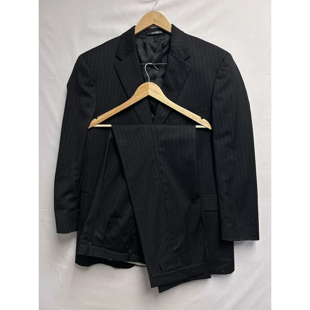 Austin Reed Black Pinstripe Suit Bespoke Mens 48 L Pants 38/32 Pleated Cuffed